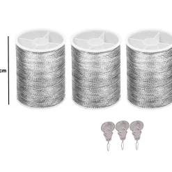3 BOBINE ROTOLI FILO POLIESTERE METALLICO + INFILA AGO ARGENTATO RICAMO CUCITO