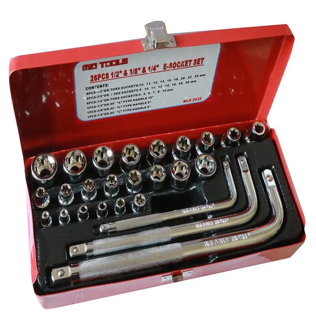 26 CHIAVI BUSSOLE TORX FEMMINA E4-E24 PROLUNGHE ATTACCO 1/2" 1/4" 3/8"