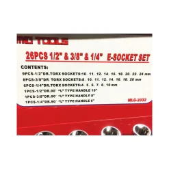 26 CHIAVI BUSSOLE TORX FEMMINA E4-E24 PROLUNGHE ATTACCO 1/2" 1/4" 3/8"