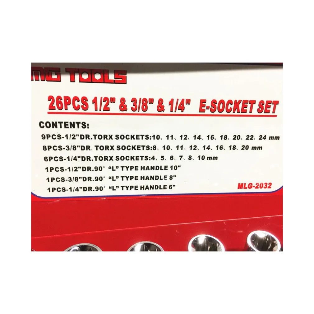 26 CHIAVI BUSSOLE TORX FEMMINA E4-E24 PROLUNGHE ATTACCO 1/2" 1/4" 3/8"