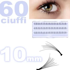 60 CIUFFI CIGLIA FINTE 10MM NERO PER CIGLIA NATURALI SINGOLE ESTENSIONE MAKE UP