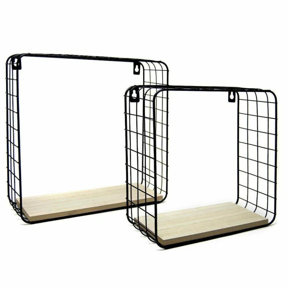 2 MENSOLE DA PARETE MODERNE DESIGN CUBO MENSOLA SCAFFALE LEGNO METALLO NERO