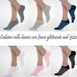12 PAIA DI CALZINI A COLLO BASSO DA DONNA FANTASMINI CON FASCE GLITTERATE 35-40