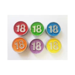 12 PEZZI BOMBONIERA CERCHI TAPPO VERNICE 18 ANNI CERAMICA CALAMITA COMPLEANNO