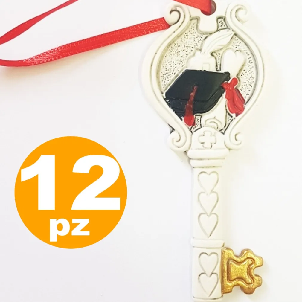 12 PEZZI BOMBONIERA CHIAVE LAUREA SIMBOLO PERGAMENA FORTUNA ROSSO BIANCO ORO