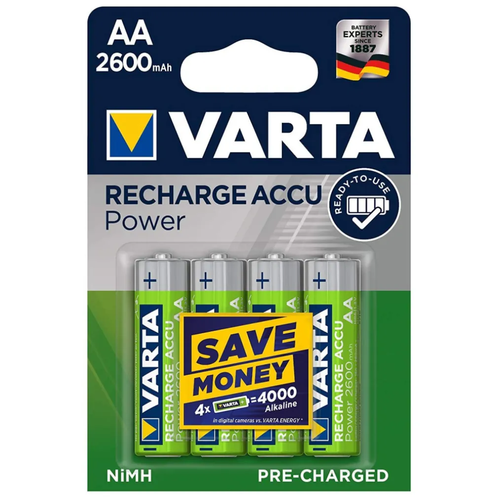 4 PILE VARTA STILO BATTERIE AA ALKALINE RICARICABILI 2600mAh NiMH HR6 1.2V ACCU