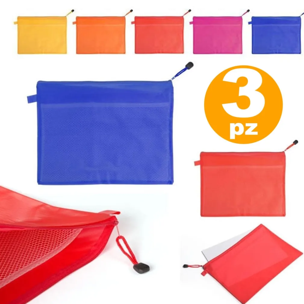 3 PORTA DOCUMENTI BUSTA PVC ZIP TASCA INTERNA RETE 33.5x24CM APPUNTI CARTELLINA