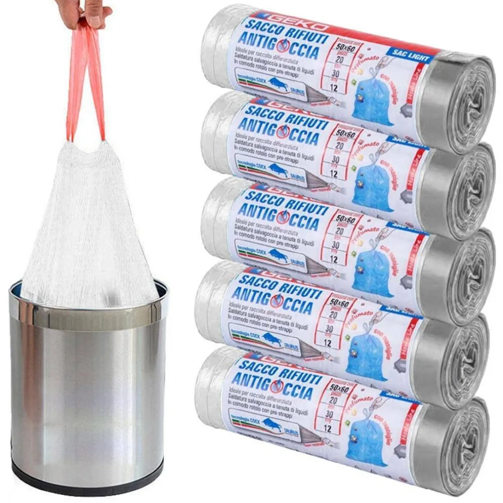 5 ROTOLI SACCHETTI BUSTE SPAZZATURA PROFUMATI 30LT 50X60 CON MANICI BIANCO 100PZ