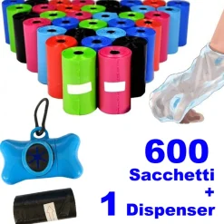 600 SACCHETTI IGIENICI PER BISOGNI ESCREMENTI CANI RACCOLTA FECI CON DISPENSER