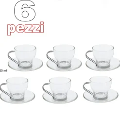 6 TAZZA DA CAPPUCCINO TISANA CAFFE' IN VETRO CON MANICO ACCIAIO CON PIATTINO
