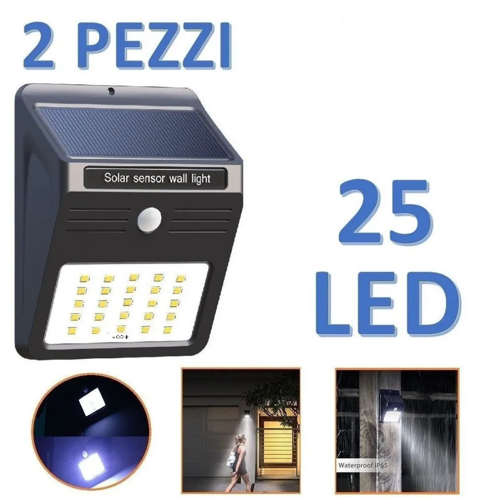 2 X FARO SOLARE DA ESTERNO FARETTO FOTOVOLTAICO + SENSORE LAMPADA LED