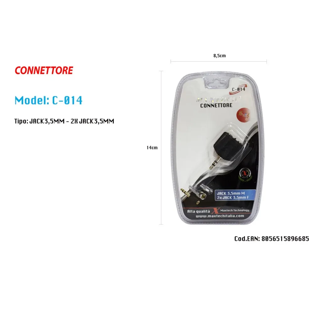 ADATTATORE CONNETTORE CAVO JACK 3.5 AUDIO STEREO CUFFIE IPOD MP3 MAXTECH C-014