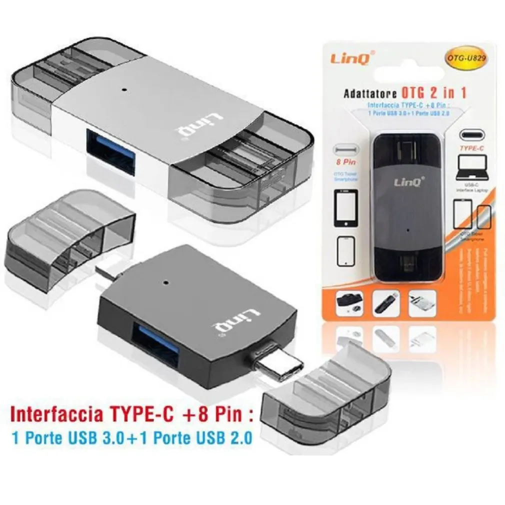 ADATTATORE OTG 2IN1 TYPE-C + LIGHTNING + 2XUSB FEMMINA OTG-U829 TRASFERIMENTO DATI
