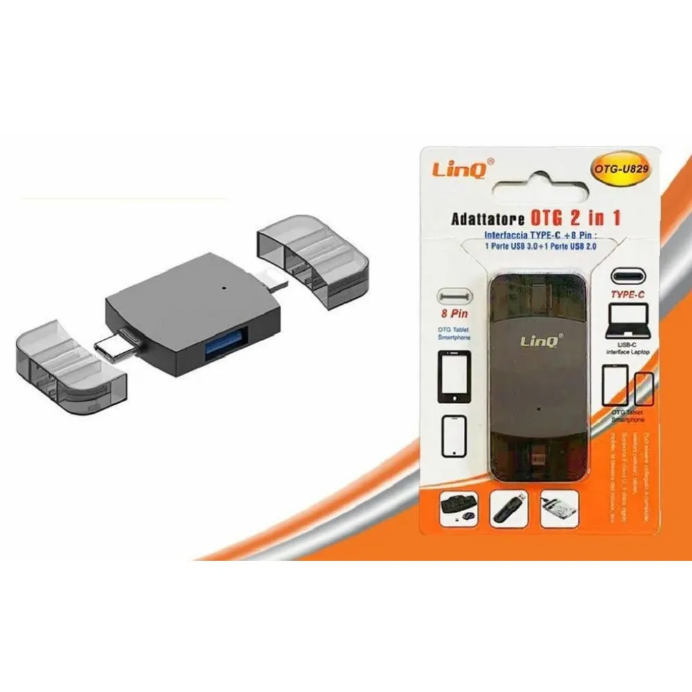 ADATTATORE OTG 2IN1 TYPE-C + LIGHTNING + 2XUSB FEMMINA OTG-U829 TRASFERIMENTO DATI
