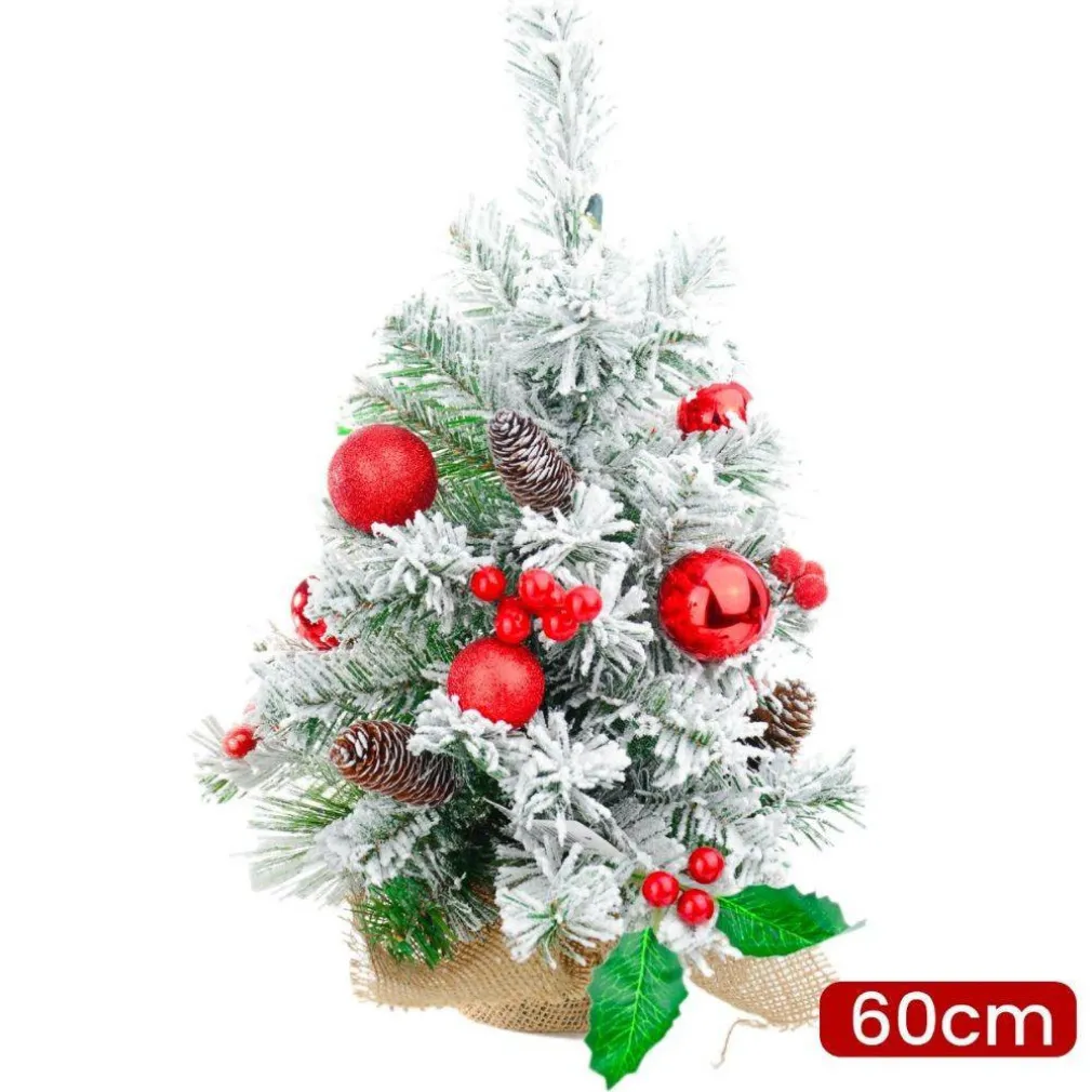ALBERO DI NATALE EFFETTO INNEVATO DIM. 60 CM CON DECORI ROSSI PIGNE NEVE