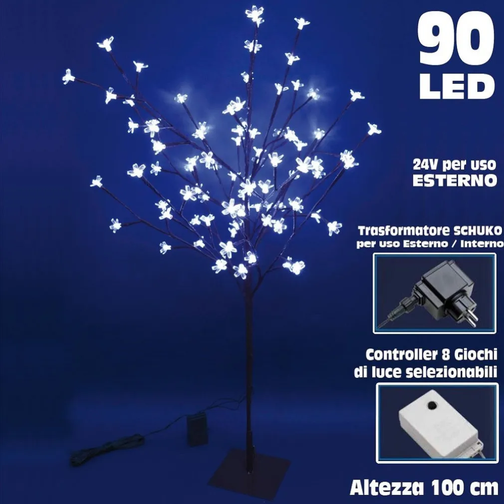 ALBERO DI NATALE LUMINOSO CILIEGIO PER ESTERNO 90 LED ALTEZZA 100 BIANCO FREDDO