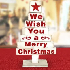 ALBERO IN LEGNO BIANCO CON SCRITTE NATALIZIE IN ROSSO 45CM DECORAZIONI NATALIZIE