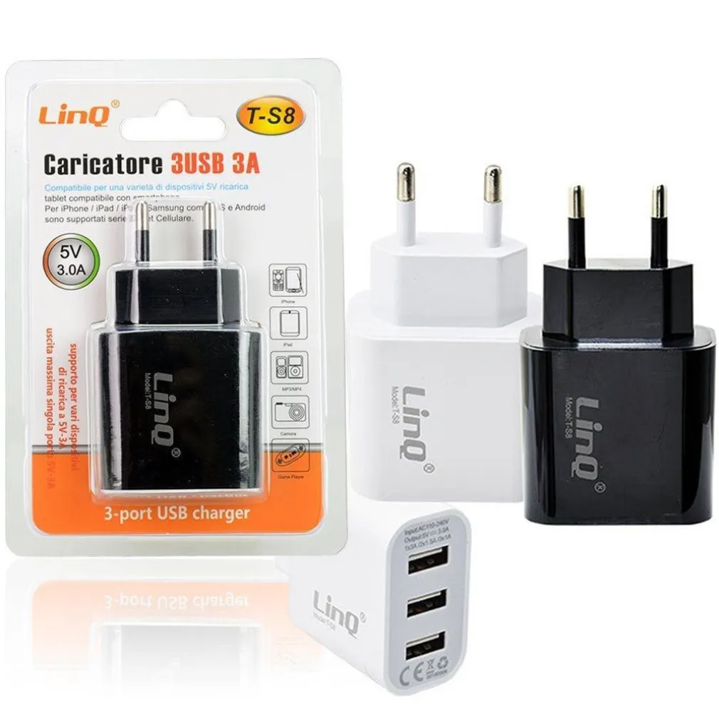 ALIMENTATORE CARICABATTERIE ADATTATORE CARICATORE CON 3 PORTE USB RETE 5V-3A T-S8