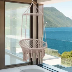 AMACA SEDIA SOSPESA AD ALTALENA DONDOLO IN LEGNO CORDA INTRECCIATA COTONE BEIGE