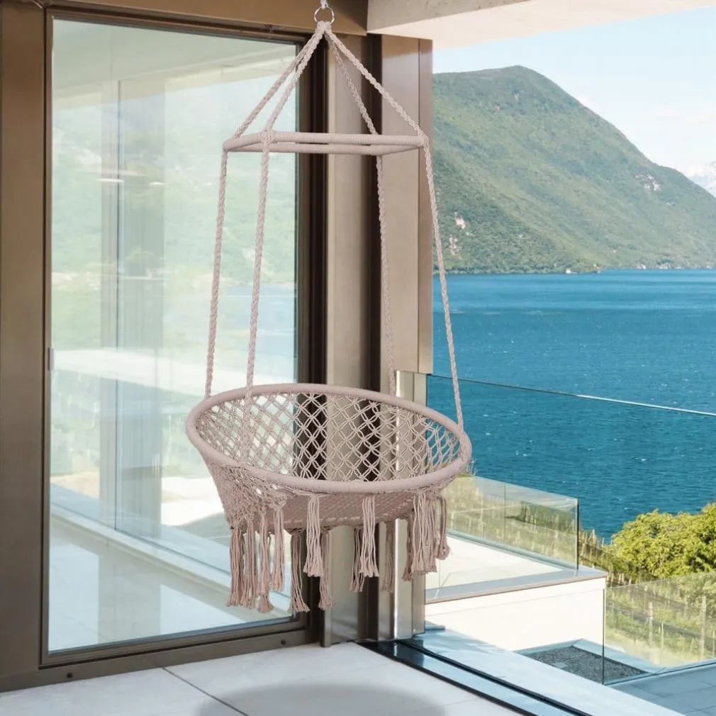 AMACA SEDIA SOSPESA AD ALTALENA DONDOLO IN LEGNO CORDA INTRECCIATA COTONE BEIGE