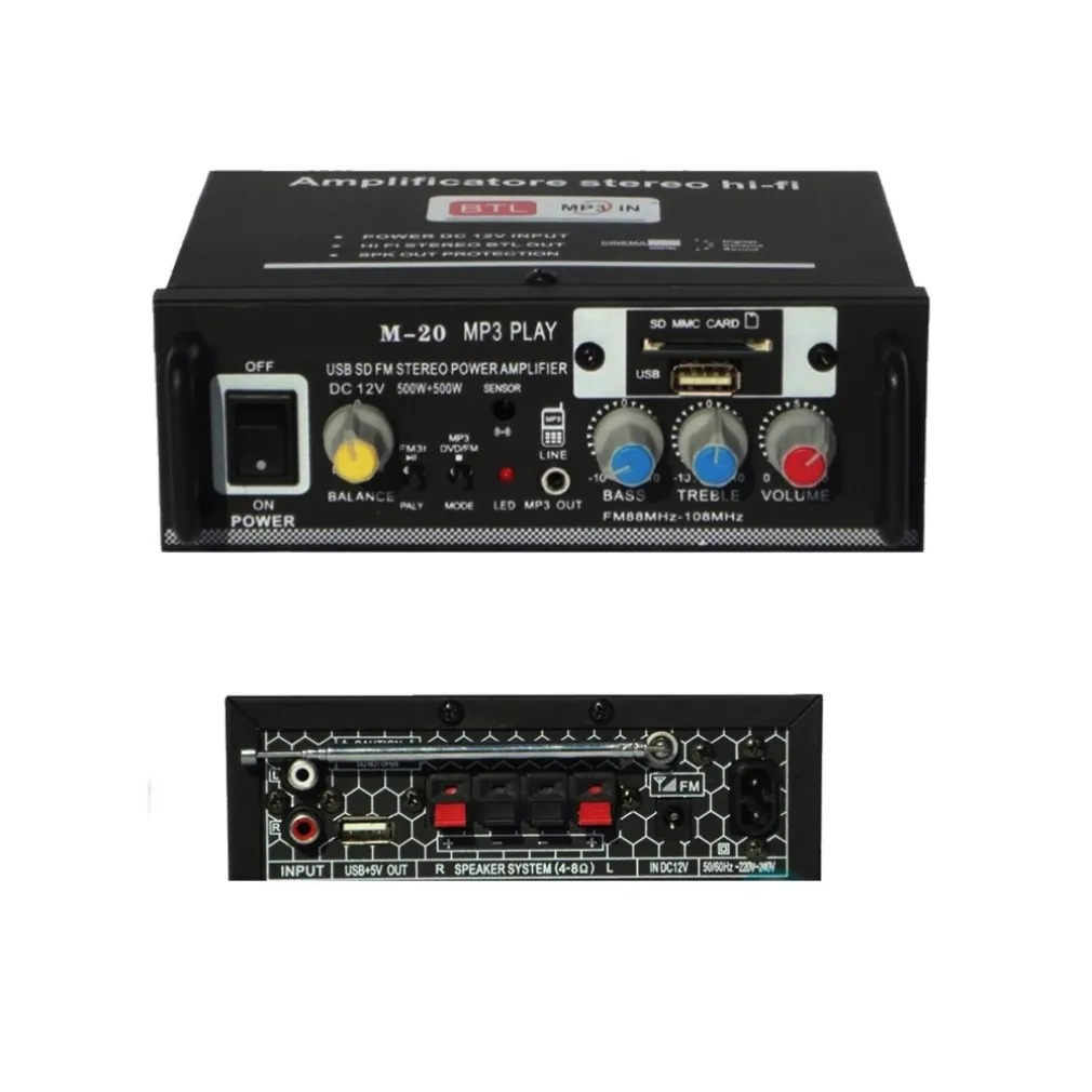 AMPLIFICATORE STEREO M-20 CASA AUDIO AUTO CASA MP3 SD USB CARD RADIO FM 1000W