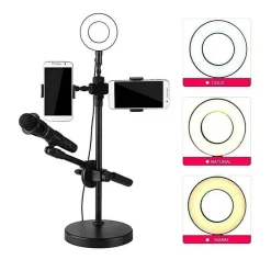 ANELLO LUMINOSO A LED PER SELFIE CON SUPPORTO CELLULARE MICROFONO CAMERA 16CM
