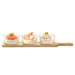 ANTIPASTIERA CON 3 CIOTOLE IN VETRO VASSOIO BASE IN BAMBOO 40X10CM PER SALSE FINGER FOOD