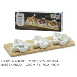 ANTIPASTIERA ELEGANTE 3 POSTI CON CIOTOLE IN CERAMICA FORMA ALBERO NATALE BASE IN BAMBÙ