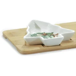 ANTIPASTIERA ELEGANTE 3 POSTI CON CIOTOLE IN CERAMICA FORMA ALBERO NATALE BASE IN BAMBÙ