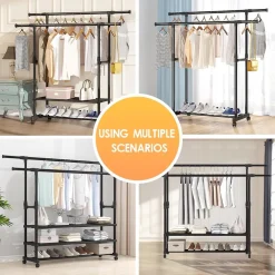 APPENDIABITI DA TERRA STAND CON RUOTE 3 SCOMPARTI PORTAOGGETTI DOPPIO BASTONE A SCOMPARSA