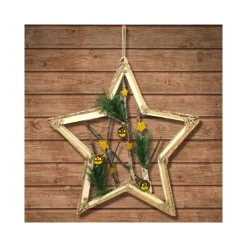 APPENDINO FORMA STELLA IN LEGNO RAMI E PALLINE 42CM ORO DECORAZIONE NATALE