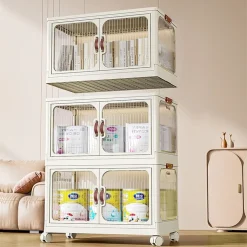 ARMADIETTO IN PLASTICA PIEGHEVOLE CON ANTE CONTENITORI TRASPARENTI CON RUOTE ARMADIO