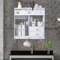 ARMADIETTO MOBILE DA PARETE BIANCO PER COSMETICI MEDICINALI ORGANIZER BAGNO CON CASSETTI