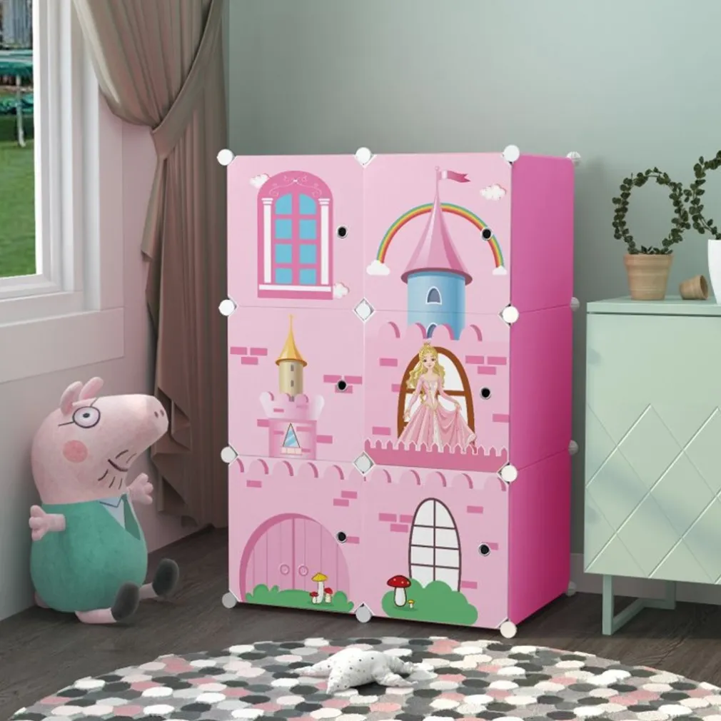 ARMADIO MODULARE PER BAMBINI MULTIUSO PORTAOGGETTI A 6 SCOMPARTI CUBI CON ANTE DECORATE