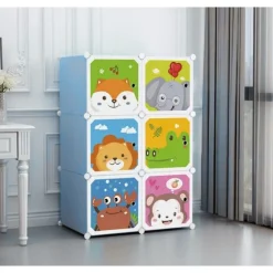 ARMADIO MODULARE PER BAMBINI MULTIUSO PORTAOGGETTI A 6 SCOMPARTI CUBI CON ANTE DECORATE