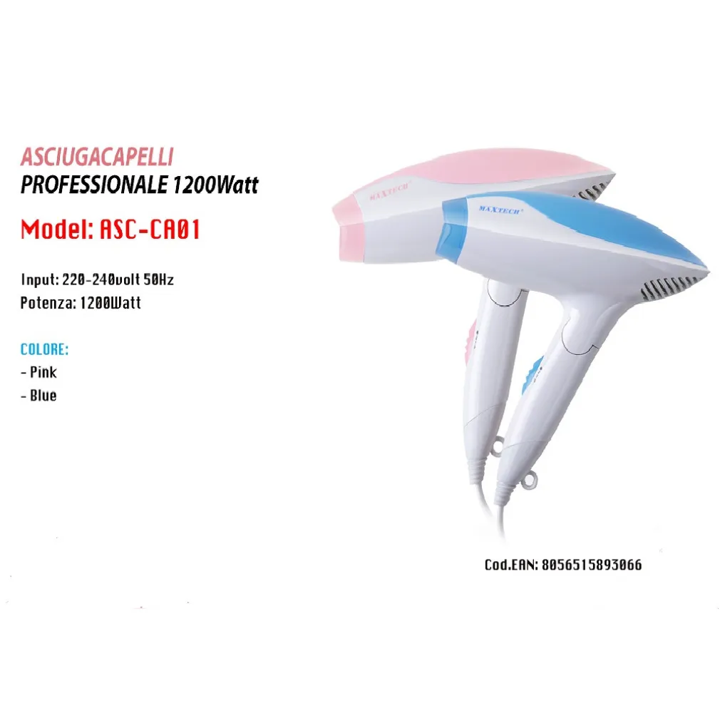 ASCIUGACAPELLI PROFESSIONALE MAXTECH DA VIAGGIO PIEGHEVOLE 1200W CAPELLI ASC-CA01