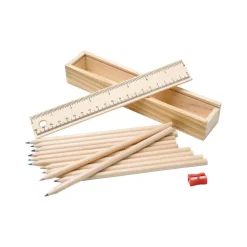 ASTUCCIO IN LEGNO CON 12 PASTELLI COLORATI TEMPERINO RIGHELLO RIGA PORTAPASTELLI