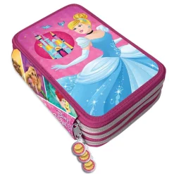 ASTUCCIO PORTAPASTELLI SCUOLA 3 ZIP PRINCIPESSE CENERENTOLA ACCESSORIATO PENNERELLI
