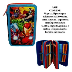 ASTUCCIO TRIPLO AVENGERS ASSEMBLE 3 ZIP COMPLETO ACCESSORIATO BAMBINI SCUOLA