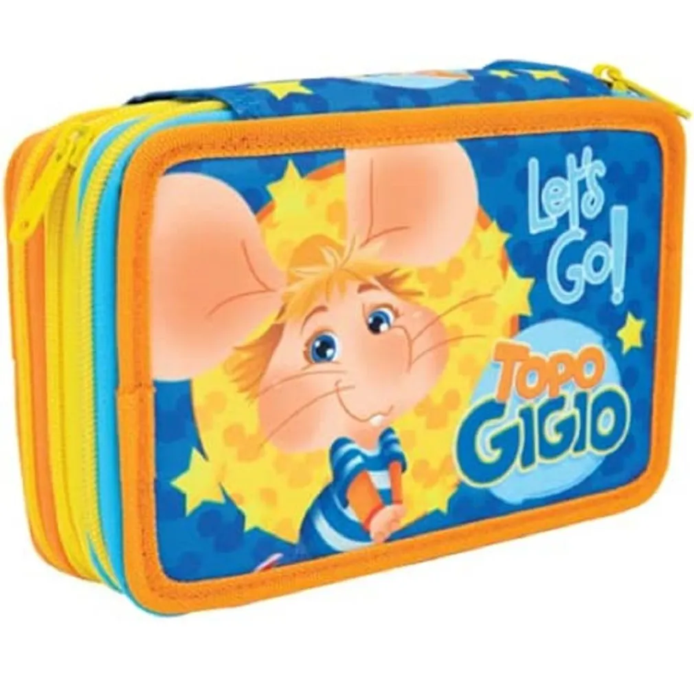 ASTUCCIO TRIPLO MULTICOLORE TOPO GIGIO 3 SCOMPARTI ZIP SCUOLA PORTAPASTELLI