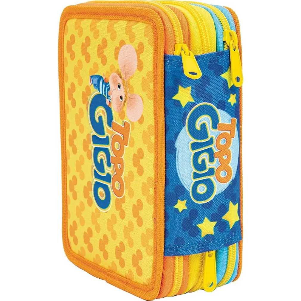ASTUCCIO TRIPLO MULTICOLORE TOPO GIGIO 3 SCOMPARTI ZIP SCUOLA PORTAPASTELLI