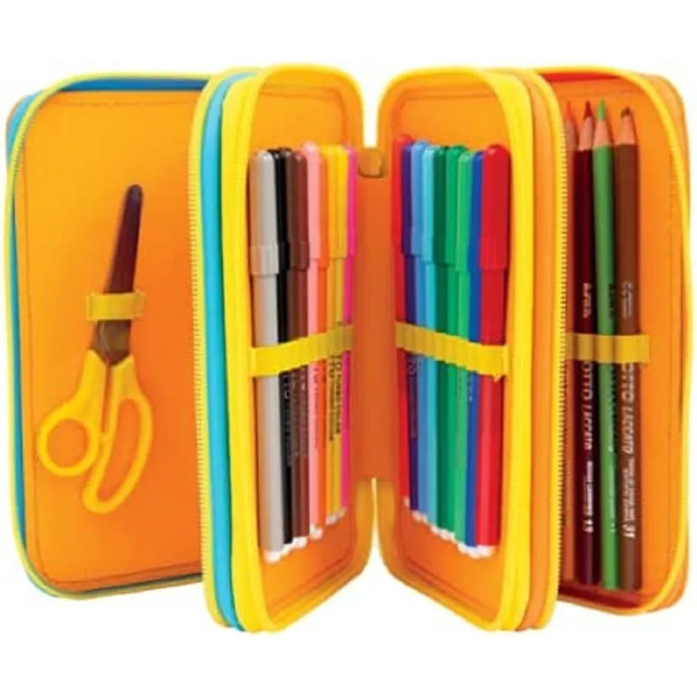 ASTUCCIO TRIPLO MULTICOLORE TOPO GIGIO 3 SCOMPARTI ZIP SCUOLA PORTAPASTELLI