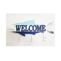 ATTACCAPANNI APPENDINO 3 GANCI PARETE LEGNO PESCE WELCOME STILE MARINO