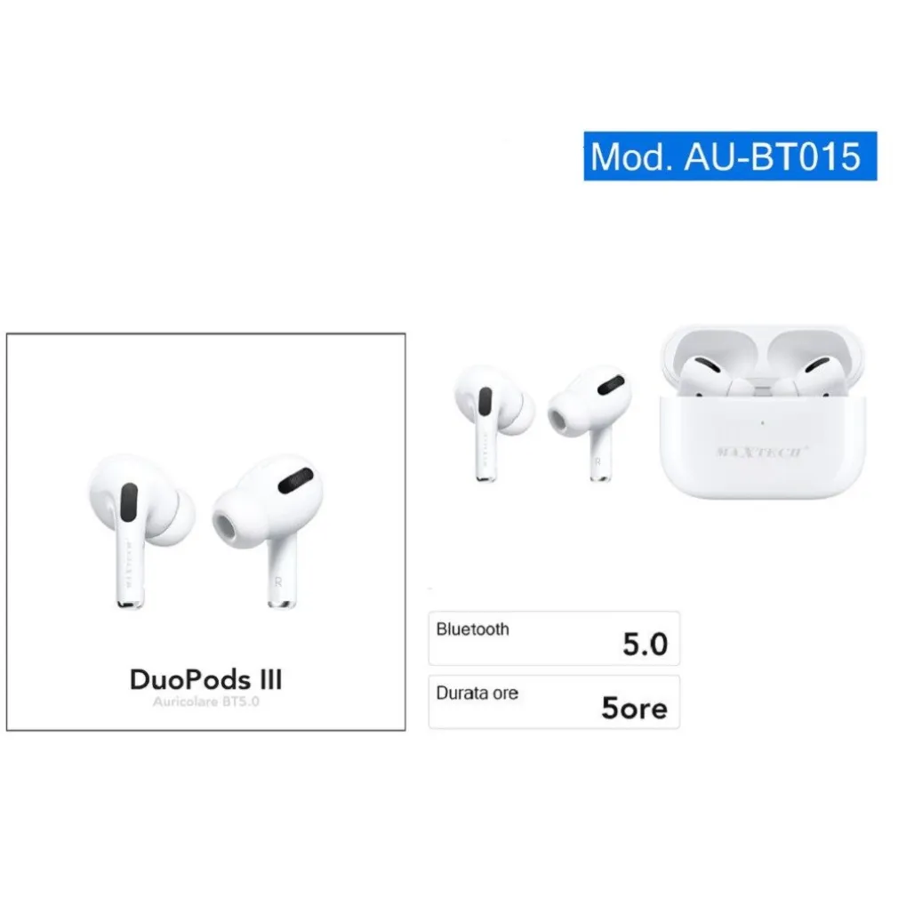 AURICOLARI BLUETOOTH CUFFIE DUO PODS III BT5.0 SENZA FILI SMARTPHONE AU-BT015