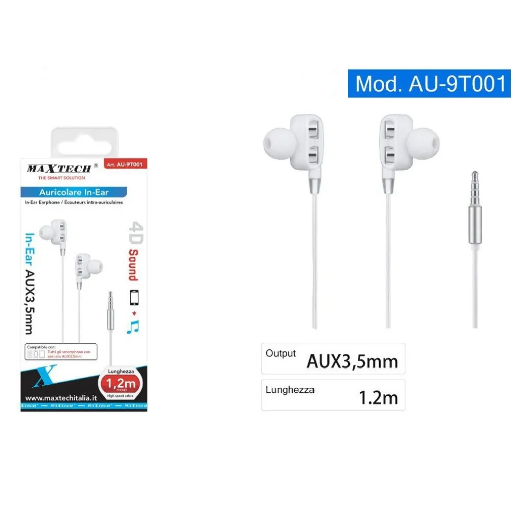 AURICOLARI CUFFIE IN-EAR AUX 3,5MM CAVO 1.2MT ALTA VELOCITÀ SMARTPHONE AU-9T001