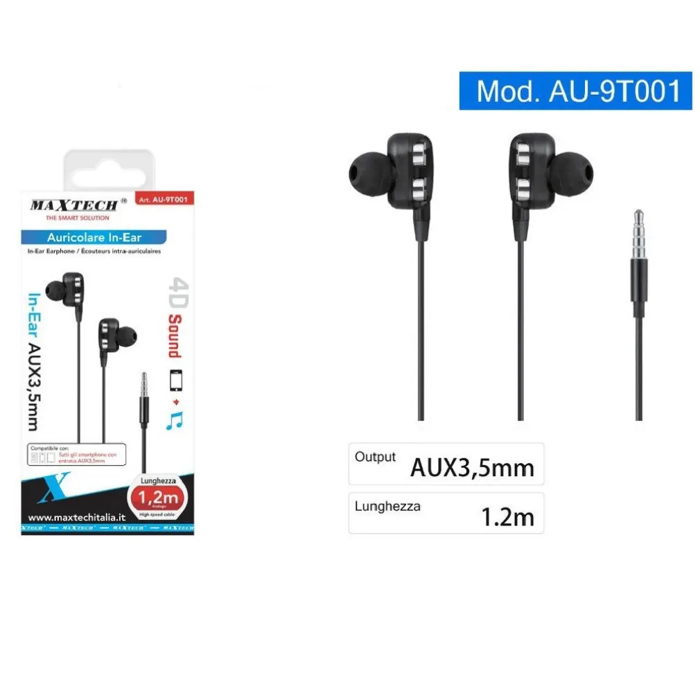AURICOLARI CUFFIE IN-EAR AUX 3,5MM CAVO 1.2MT ALTA VELOCITÀ SMARTPHONE AU-9T001