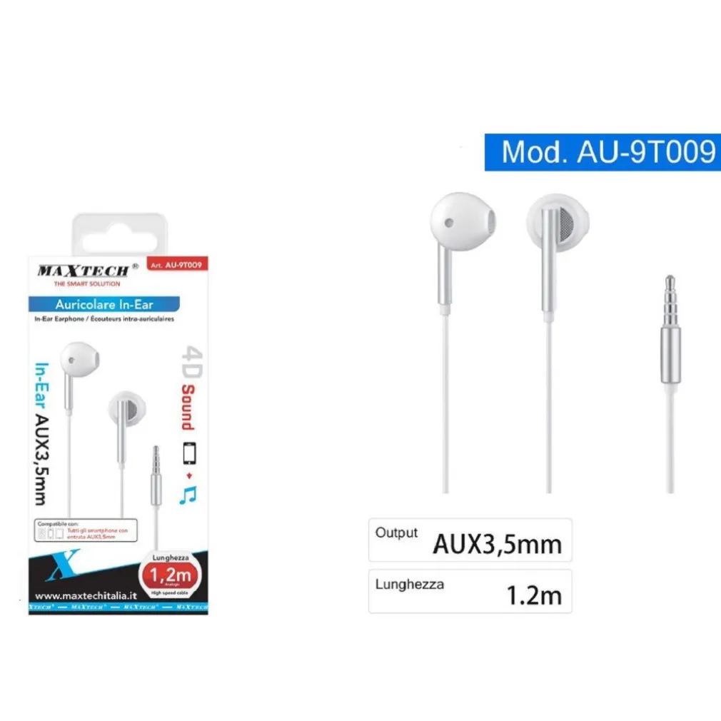 AURICOLARI CUFFIE IN-EAR FILO 1,2 METRI CONNETTORE AUX 3,5MM SMARTPHONE AU-9T009