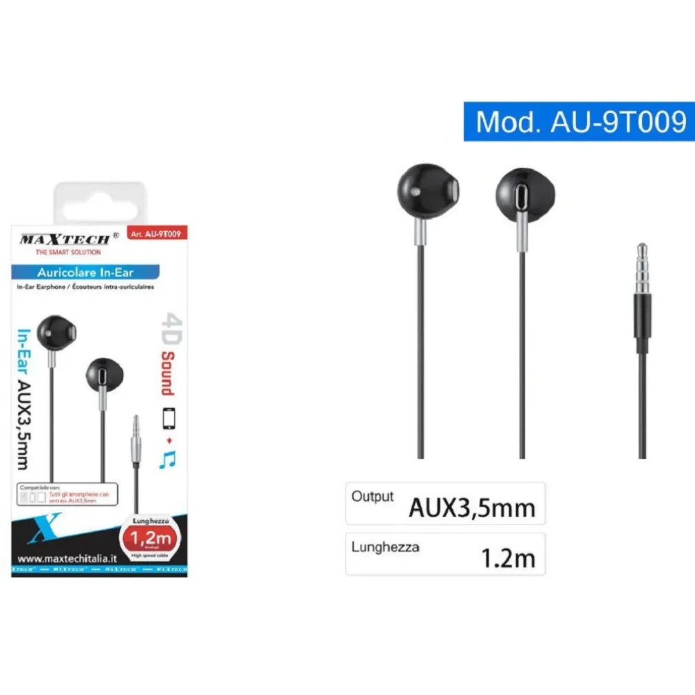 AURICOLARI CUFFIE IN-EAR FILO 1,2 METRI CONNETTORE AUX 3,5MM SMARTPHONE AU-9T009