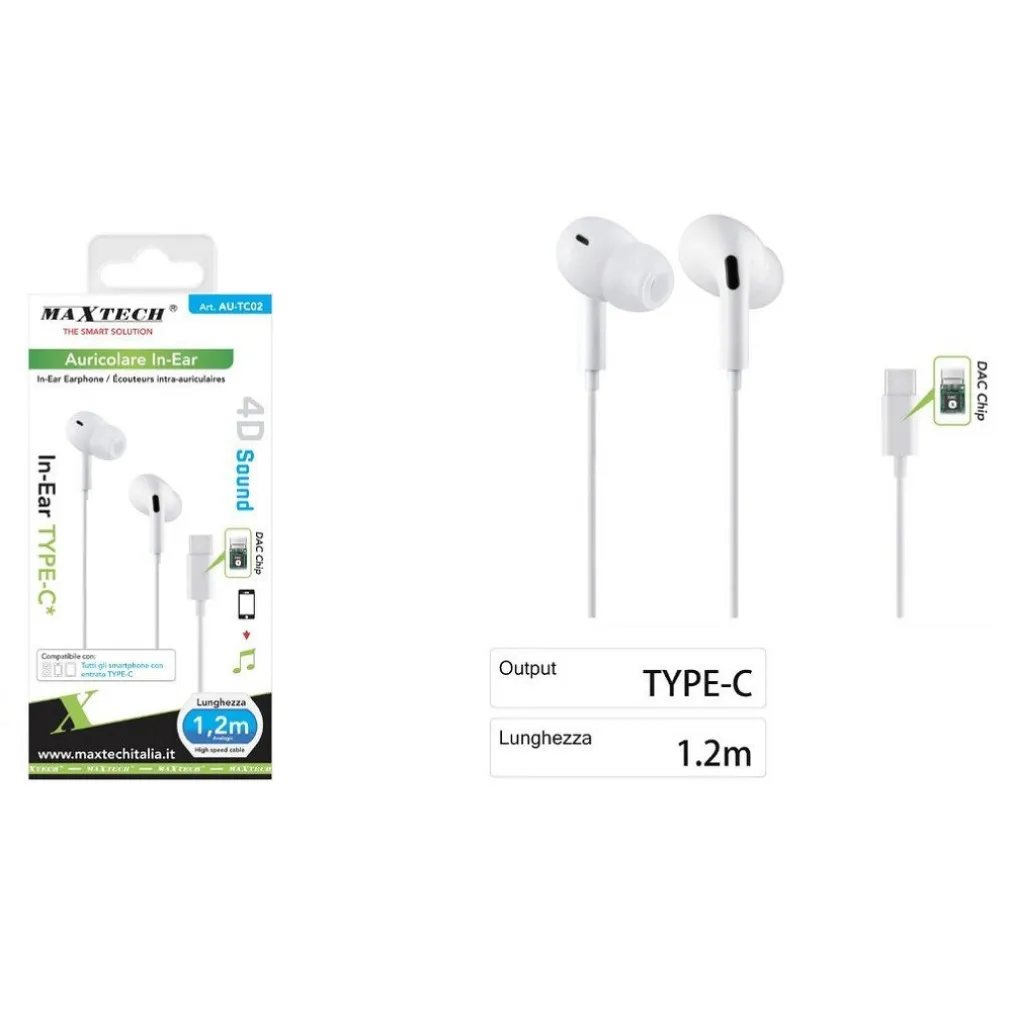 AURICOLARI STEREO IN-EAR CUFFIE CONNETTORE TYPE-C DAC CHIP SMARTPHONE AU-TC02
