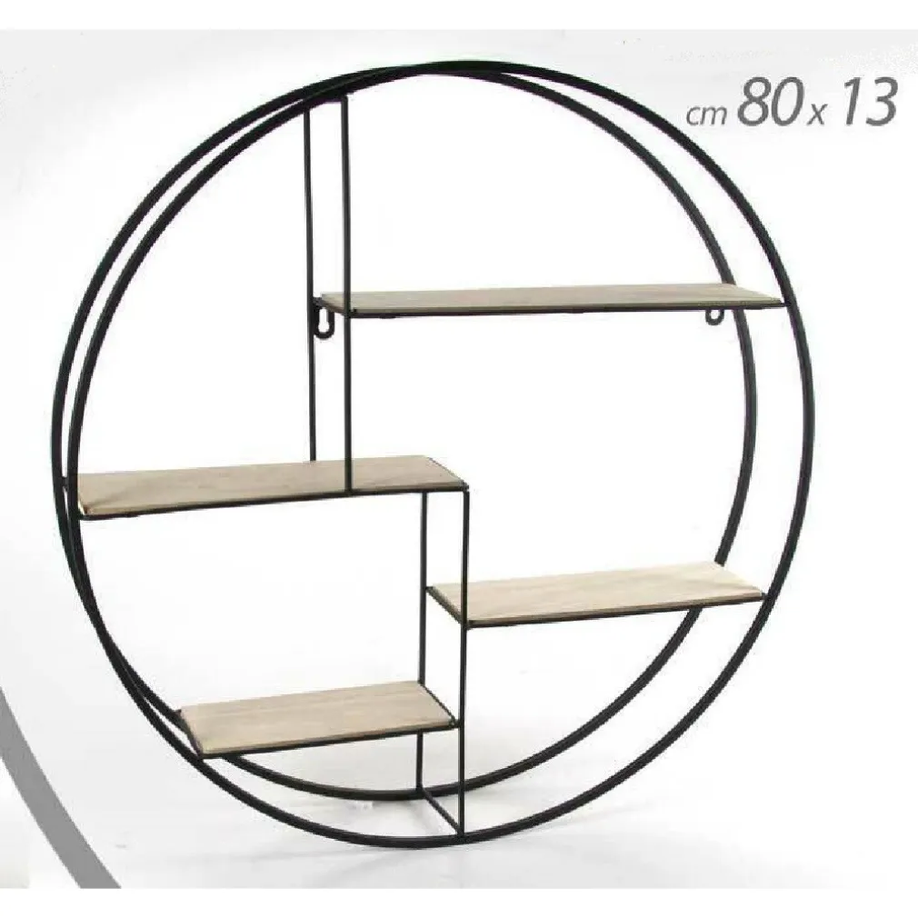 BACHECA PORTA OGGETTI IN METALLO TONDA PARETE MENSOLE LEGNO 80X13CM NERO 763601